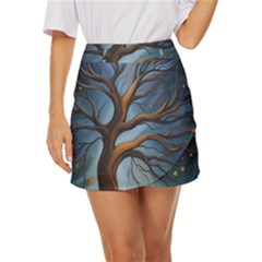 Tree Branches Mystical Moon Expressionist Oil Painting Acrylic Painting Abstract Nature Moonlight Ni Mini Front Wrap Skirt by Maspions