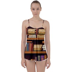 Book Nook Books Bookshelves Comfortable Cozy Literature Library Study Reading Room Fiction Entertain Babydoll Tankini Top by Maspions