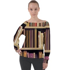 Books Bookshelves Office Fantasy Background Artwork Book Cover Apothecary Book Nook Literature Libra Off Shoulder Long Sleeve Velour Top by Grandong