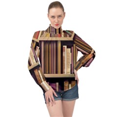 Books Bookshelves Office Fantasy Background Artwork Book Cover Apothecary Book Nook Literature Libra High Neck Long Sleeve Chiffon Top by Grandong