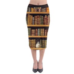 Room Interior Library Books Bookshelves Reading Literature Study Fiction Old Manor Book Nook Reading Midi Pencil Skirt by Grandong