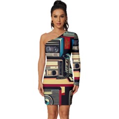 Radios Tech Technology Music Vintage Antique Old Long Sleeve One Shoulder Mini Dress by Grandong