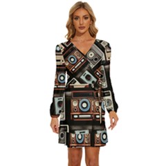 Retro Cameras Old Vintage Antique Technology Wallpaper Retrospective Long Sleeve Waist Tie Ruffle Velvet Dress by Grandong