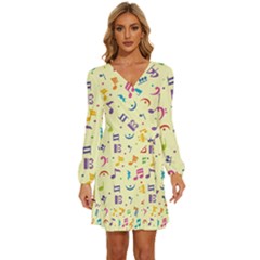 Seamless Pattern Musical Note Doodle Symbol Long Sleeve Waist Tie Ruffle Velvet Dress by Apen
