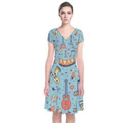 Seamless Pattern Musical Instruments Notes Headphones Player Short Sleeve Front Wrap Dress by Apen