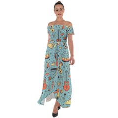 Seamless Pattern Musical Instruments Notes Headphones Player Off Shoulder Open Front Chiffon Dress by Apen