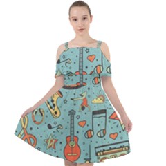 Seamless Pattern Musical Instruments Notes Headphones Player Cut Out Shoulders Chiffon Dress by Apen