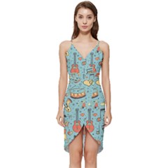Seamless Pattern Musical Instruments Notes Headphones Player Wrap Frill Dress by Apen