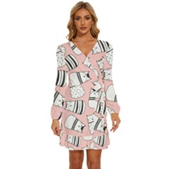 Cute Cats Cartoon Seamless-pattern Long Sleeve Waist Tie Ruffle Velvet Dress by Apen