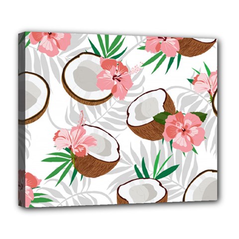 Seamless Pattern Coconut Piece Palm Leaves With Pink Hibiscus Deluxe Canvas 24  X 20  (stretched) by Apen