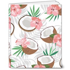 Seamless Pattern Coconut Piece Palm Leaves With Pink Hibiscus 8  X 10  Hardcover Notebook by Apen