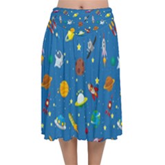 Space Rocket Solar System Pattern Velvet Flared Midi Skirt by Apen