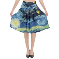 Spaceship Starry Night Van Gogh Painting Flared Midi Skirt by Maspions