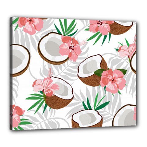 Seamless Pattern Coconut Piece Palm Leaves With Pink Hibiscus Canvas 24  X 20  (stretched) by Apen