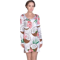 Seamless Pattern Coconut Piece Palm Leaves With Pink Hibiscus Long Sleeve Nightdress by Apen