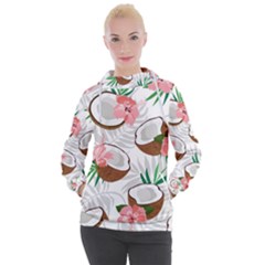 Seamless Pattern Coconut Piece Palm Leaves With Pink Hibiscus Women s Hooded Pullover by Apen