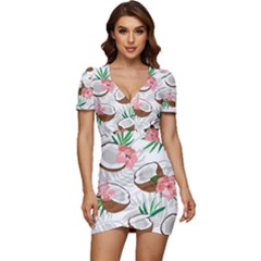Seamless Pattern Coconut Piece Palm Leaves With Pink Hibiscus Low Cut Cap Sleeve Mini Dress by Apen