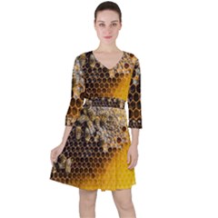 Honeycomb With Bees Quarter Sleeve Ruffle Waist Dress by Apen
