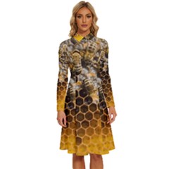 Honeycomb With Bees Long Sleeve Shirt Collar A-line Dress by Apen