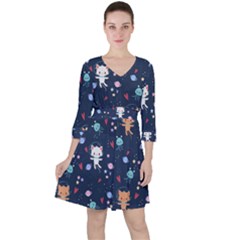 Cute Astronaut Cat With Star Galaxy Elements Seamless Pattern Quarter Sleeve Ruffle Waist Dress by Apen