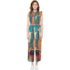 London England Bridge Europe Buildings Architecture Vintage Retro Town City Women s Frill Top Chiffon Jumpsuit by Maspions