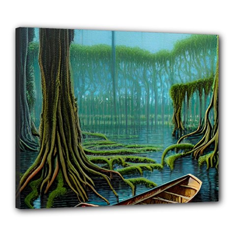Boat Canoe Swamp Bayou Roots Moss Log Nature Scene Landscape Water Lake Setting Abandoned Rowboat Fi Canvas 24  X 20  (stretched) by Posterlux