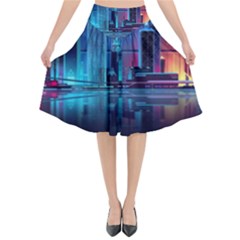 Digital Art Artwork Illustration Vector Buiding City Flared Midi Skirt by Maspions