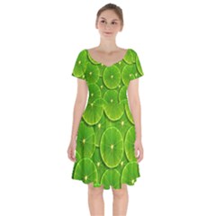 Lime Textures Macro, Tropical Fruits, Citrus Fruits, Green Lemon Texture Short Sleeve Bardot Dress by nateshop