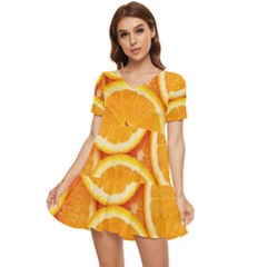 Oranges Textures, Close-up, Tropical Fruits, Citrus Fruits, Fruits Tiered Short Sleeve Babydoll Dress by nateshop