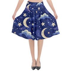 Night Moon Seamless Background Stars Sky Clouds Texture Pattern Flared Midi Skirt by Maspions