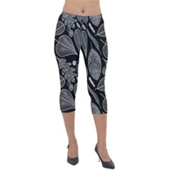 Leaves Flora Black White Nature Lightweight Velour Capri Leggings  by Maspions