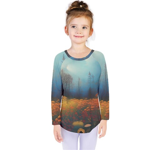 Wildflowers Field Outdoors Clouds Trees Cover Art Storm Mysterious Dream Landscape Kids  Long Sleeve T-shirt by Posterlux