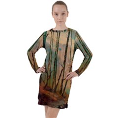 Woodland Woods Forest Trees Nature Outdoors Mist Moon Background Artwork Book Long Sleeve Hoodie Dress by Posterlux