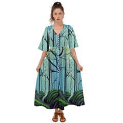 Nature Outdoors Night Trees Scene Forest Woods Light Moonlight Wilderness Stars Kimono Sleeve Boho Dress by Posterlux
