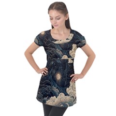 Starry Sky Moon Space Cosmic Galaxy Nature Art Clouds Art Nouveau Abstract Puff Sleeve Tunic Top by Posterlux