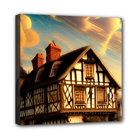 Village House Cottage Medieval Timber Tudor Split Timber Frame Architecture Town Twilight Chimney Mini Canvas 8  X 8  (stretched) by Posterlux