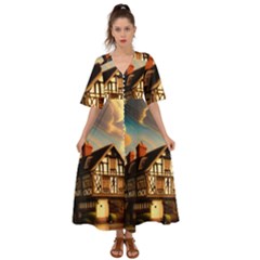 Village House Cottage Medieval Timber Tudor Split Timber Frame Architecture Town Twilight Chimney Kimono Sleeve Boho Dress by Posterlux
