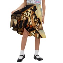Village House Cottage Medieval Timber Tudor Split Timber Frame Architecture Town Twilight Chimney Kids  Ruffle Flared Wrap Midi Skirt by Posterlux