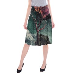 Night Sky Nature Tree Night Landscape Forest Galaxy Fantasy Dark Sky Planet Midi Beach Skirt by Posterlux