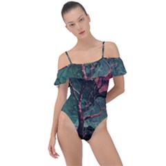 Night Sky Nature Tree Night Landscape Forest Galaxy Fantasy Dark Sky Planet Frill Detail One Piece Swimsuit by Posterlux