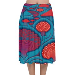 Vintage Ornate Mushroom Leafage Wallpaper Velvet Flared Midi Skirt by Apen