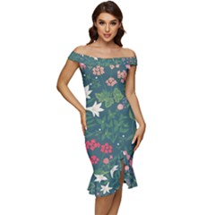 Spring Design  Off Shoulder Ruffle Split Hem Bodycon Dress by AlexandrouPrints