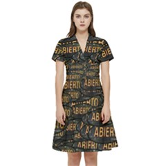 Abierto Neon Lettes Over Glass Motif Pattern Short Sleeve Waist Detail Dress by dflcprintsclothing