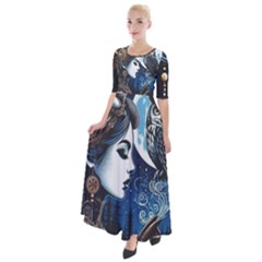 Steampunk Woman With Owl 2 Steampunk Woman With Owl Woman With Owl Strap Half Sleeves Maxi Dress by CKArtCreations