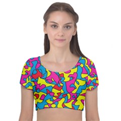 Colorful-graffiti-pattern-blue-background Velvet Short Sleeve Crop Top  by designsbymallika