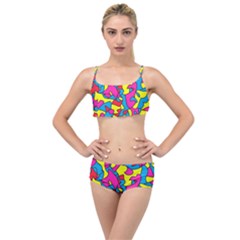 Colorful-graffiti-pattern-blue-background Layered Top Bikini Set by designsbymallika