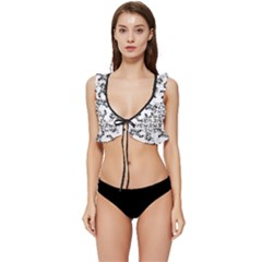 Erotic Pants Motif Black And White Graphic Pattern Black Backgrond Low Cut Ruffle Edge Bikini Top by dflcprintsclothing
