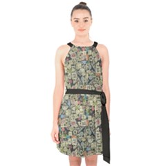 Sticker Collage Motif Pattern Black Backgrond Halter Collar Waist Tie Chiffon Dress by dflcprintsclothing