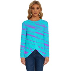 Wave Stripe Pattern Design Aqua Long Sleeve Crew Neck Pullover Top by Ndabl3x