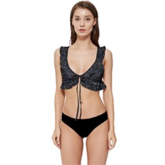 Midnight Blossom Elegance Black Backgrond Low Cut Ruffle Edge Bikini Top by dflcprintsclothing